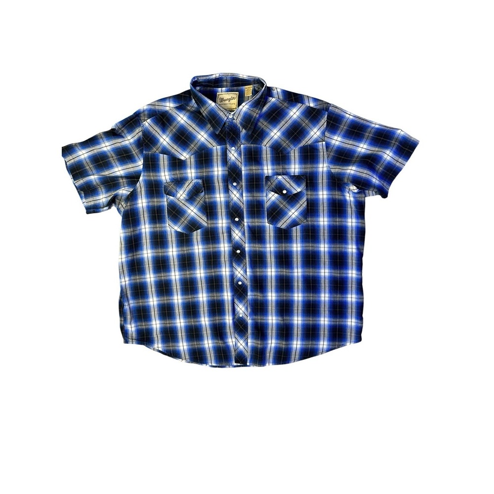 Wrangler Western Shirts Blue Plaid Pearl Snap Short Sleeve Shirt Men's  2XL